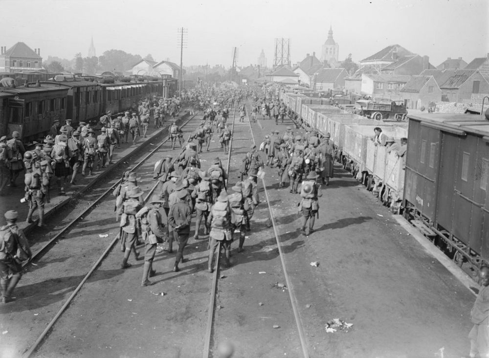 British and New Zealand soldiers detraining at Poperinge, Belgium, 1917.